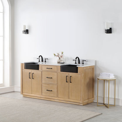 Novago 72" Double Bathroom Vanity in Weathered Pine with Aosta White Engineered Stone Countertop and Farmhouse Sink without Mirror
