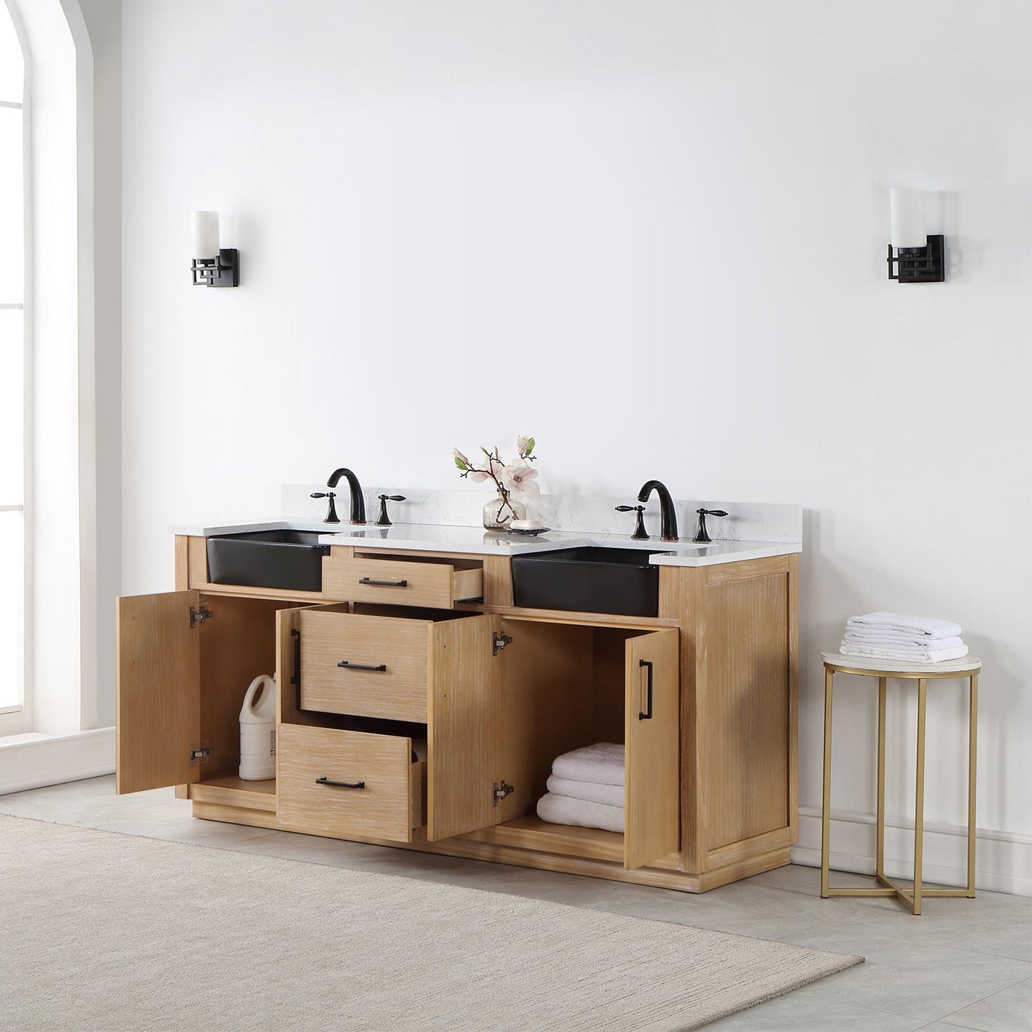 Novago 72" Double Bathroom Vanity in Weathered Pine with Aosta White Engineered Stone Countertop and Farmhouse Sink without Mirror