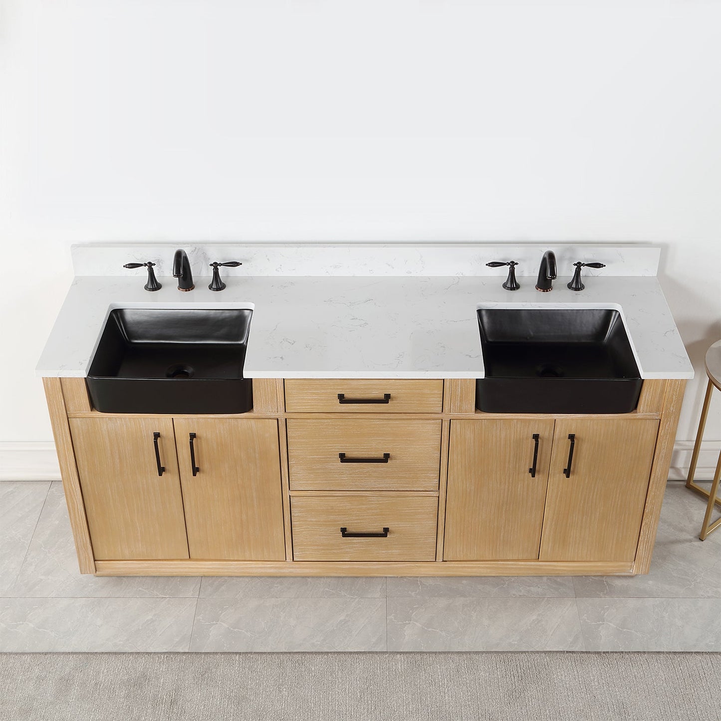 Novago 72" Double Bathroom Vanity in Weathered Pine with Aosta White Engineered Stone Countertop and Farmhouse Sink without Mirror