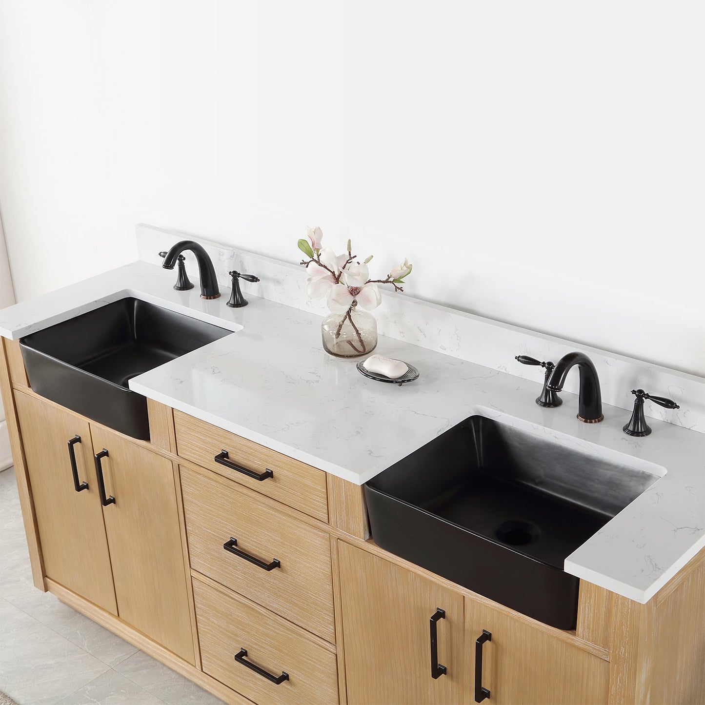 Novago 72" Double Bathroom Vanity in Weathered Pine with Aosta White Engineered Stone Countertop and Farmhouse Sink without Mirror