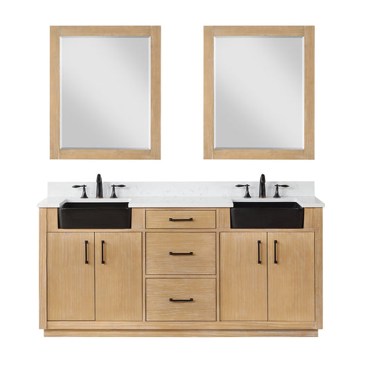 Novago 72" Double Bathroom Vanity in Weathered Pine with Aosta White Engineered Stone Countertop and Farmhouse Sink with Mirror