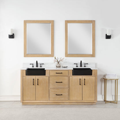 Novago 72" Double Bathroom Vanity in Weathered Pine with Aosta White Engineered Stone Countertop and Farmhouse Sink with Mirror