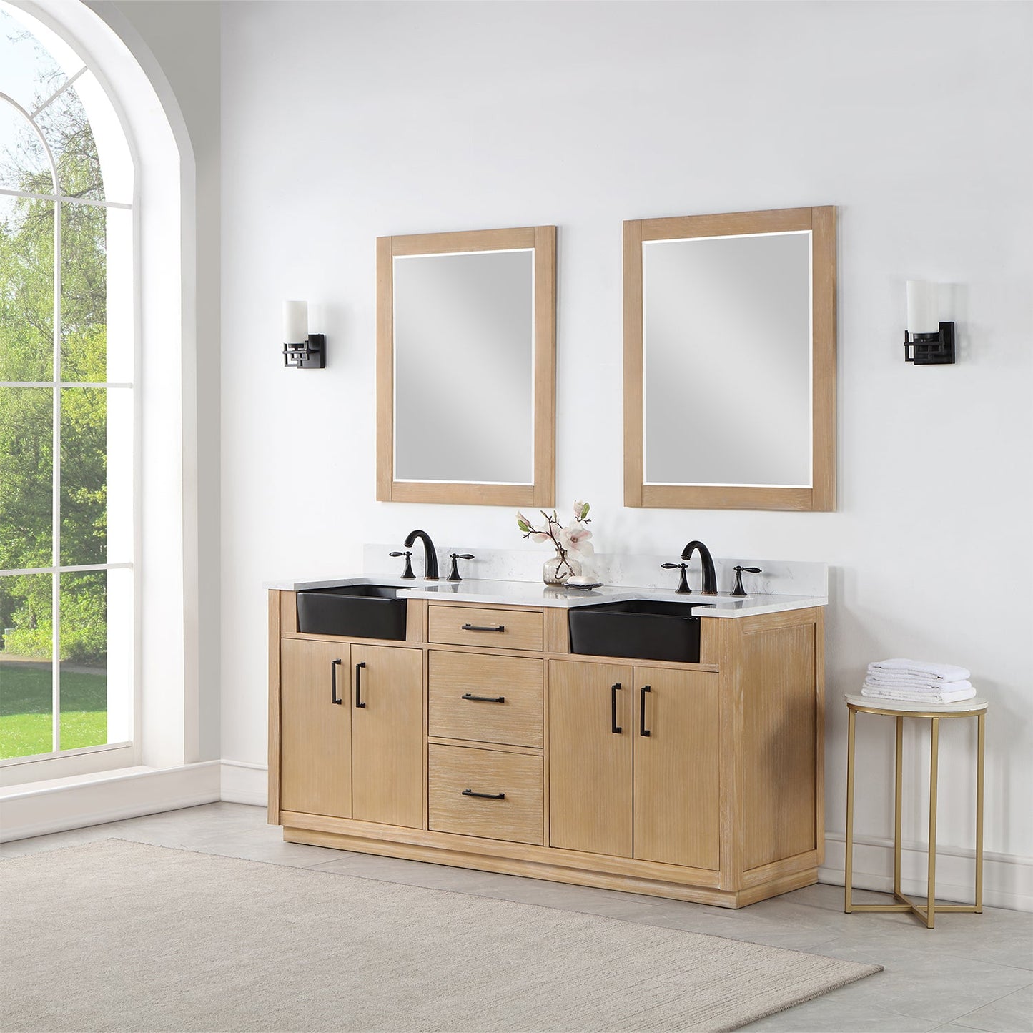 Novago 72" Double Bathroom Vanity in Weathered Pine with Aosta White Engineered Stone Countertop and Farmhouse Sink with Mirror