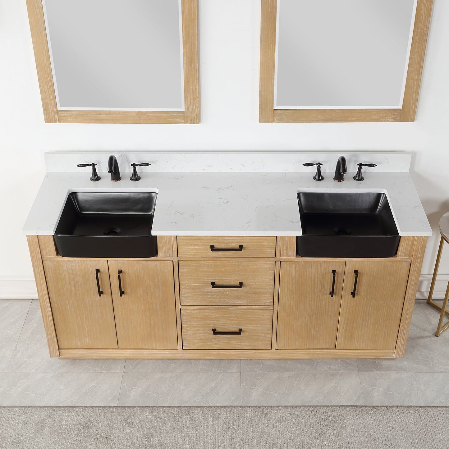 Novago 72" Double Bathroom Vanity in Weathered Pine with Aosta White Engineered Stone Countertop and Farmhouse Sink with Mirror