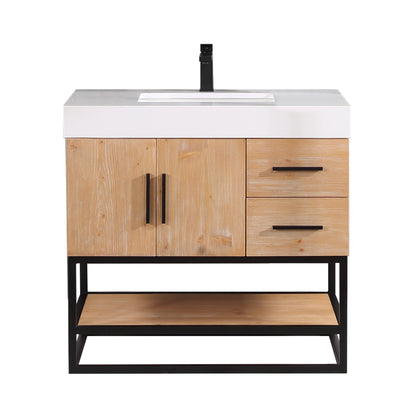 Bianco 36" Single Bathroom Vanity in Light Brown with Matte Black Support Base and White Engineered Stone Countertop without Mirror