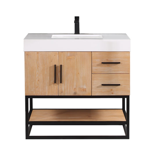 Bianco 36" Single Bathroom Vanity in Light Brown with Matte Black Support Base and White Engineered Stone Countertop without Mirror