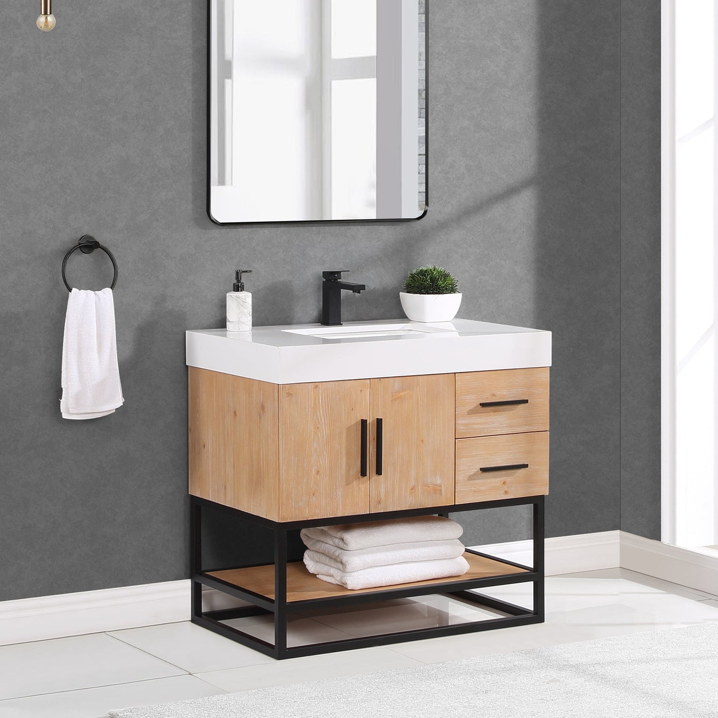Bianco 36" Single Bathroom Vanity in Light Brown with Matte Black Support Base and White Engineered Stone Countertop without Mirror