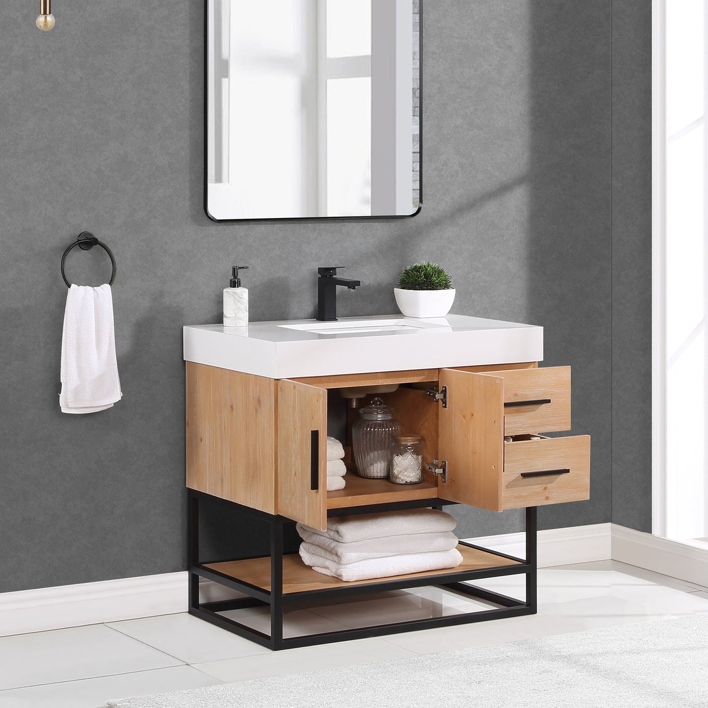 Bianco 36" Single Bathroom Vanity in Light Brown with Matte Black Support Base and White Engineered Stone Countertop without Mirror