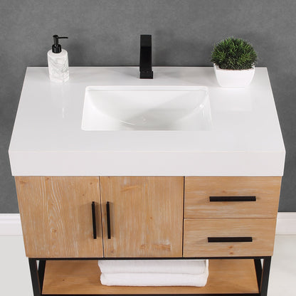 Bianco 36" Single Bathroom Vanity in Light Brown with Matte Black Support Base and White Engineered Stone Countertop without Mirror