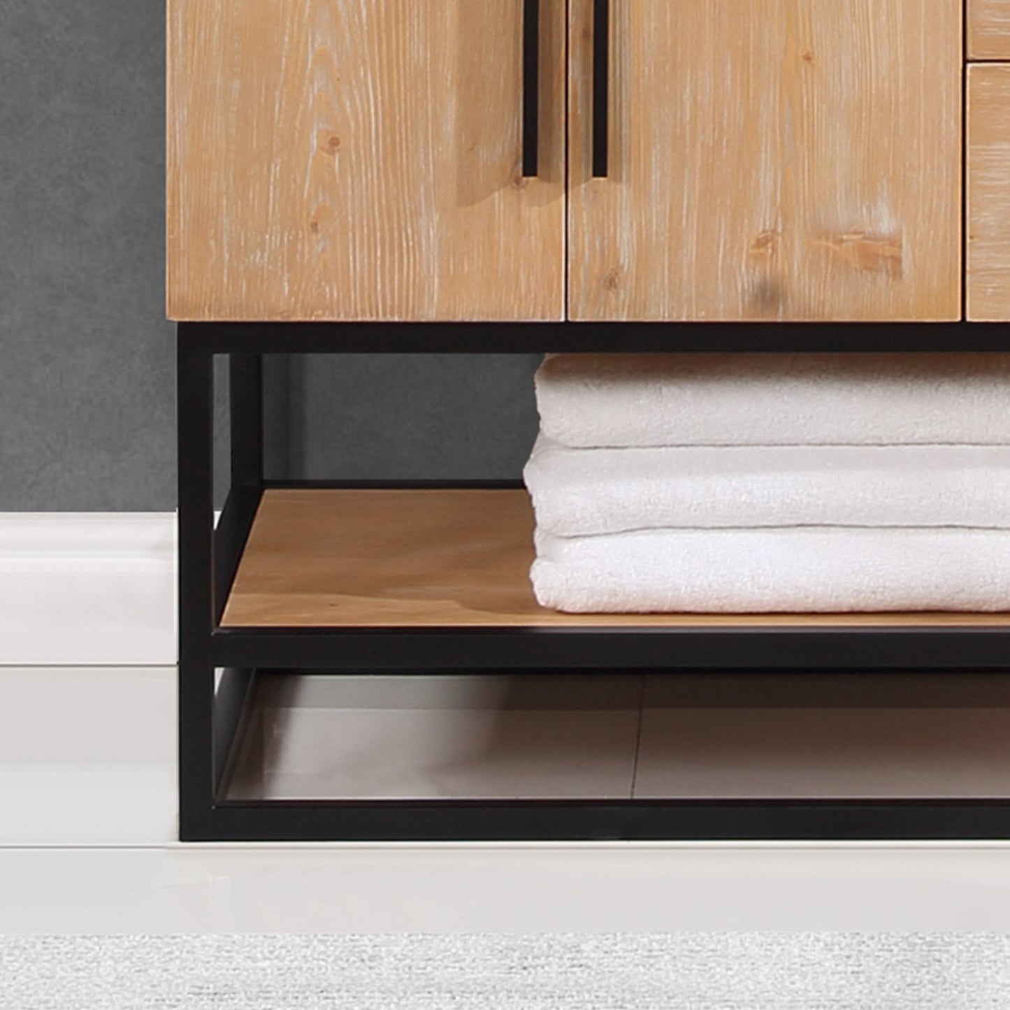 Bianco 36" Single Bathroom Vanity in Light Brown with Matte Black Support Base and White Engineered Stone Countertop without Mirror
