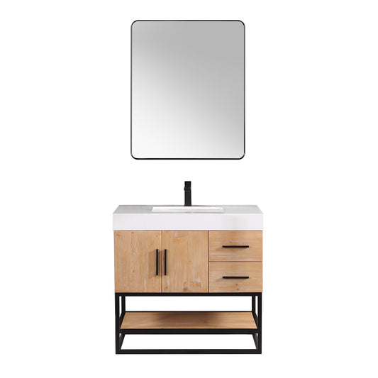 Bianco 36" Single Bathroom Vanity in Light Brown with Matte Black Support Base and White Engineered Stone Countertop with Mirror