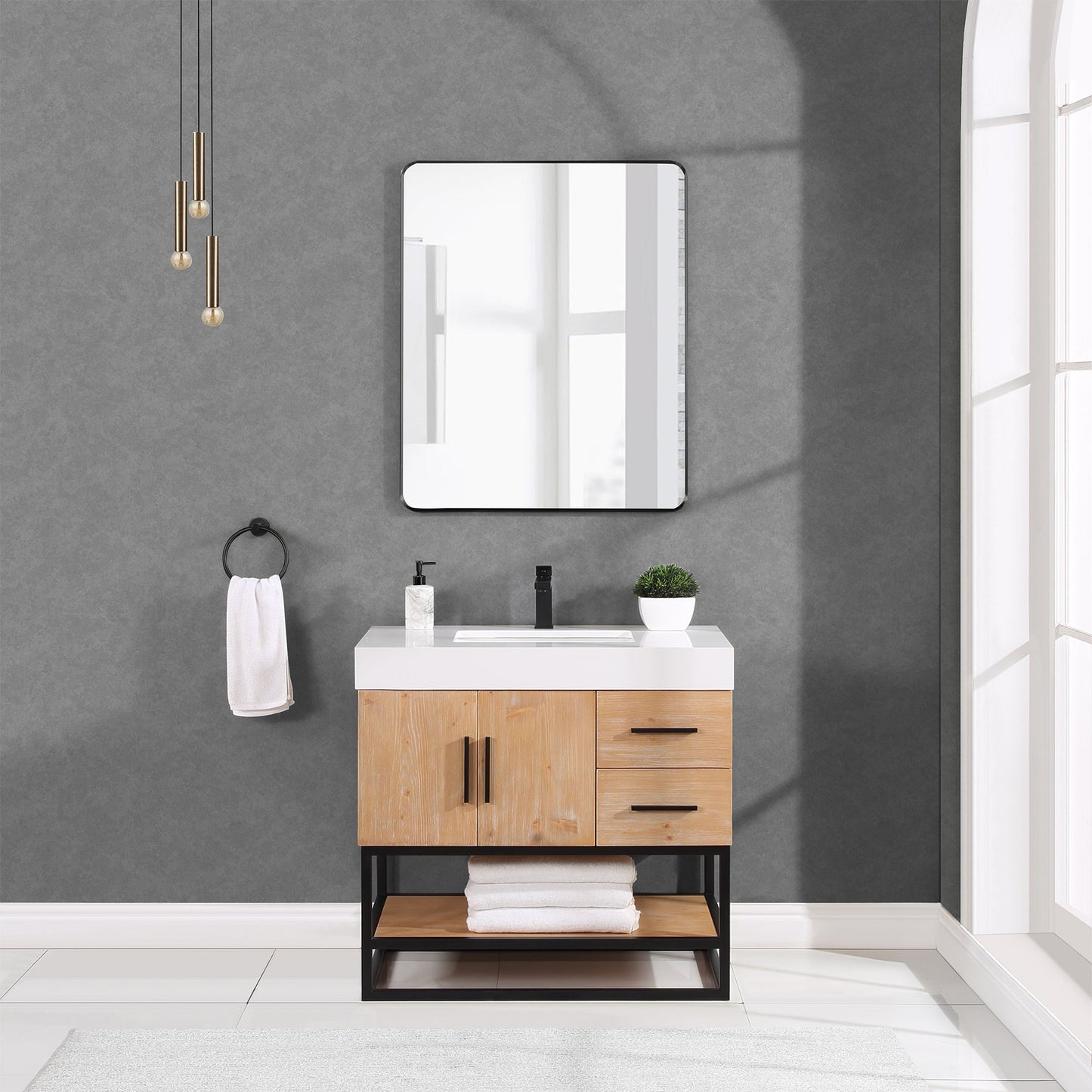 Bianco 36" Single Bathroom Vanity in Light Brown with Matte Black Support Base and White Engineered Stone Countertop with Mirror