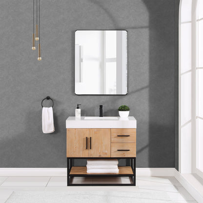 Bianco 36" Single Bathroom Vanity in Light Brown with Matte Black Support Base and White Engineered Stone Countertop with Mirror