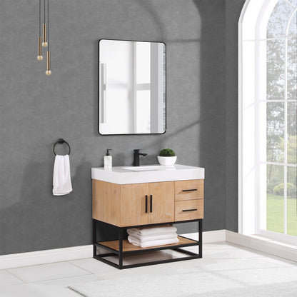 Bianco 36" Single Bathroom Vanity in Light Brown with Matte Black Support Base and White Engineered Stone Countertop with Mirror