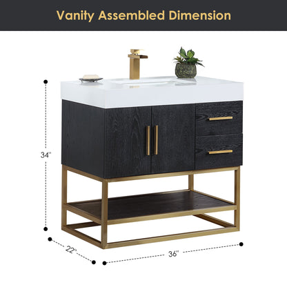 Bianco 36" Single Bathroom Vanity in Black Oak with Brushed Gold Support Base and White Engineered Stone Countertop without Mirror
