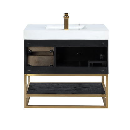 Bianco 36" Single Bathroom Vanity in Black Oak with Brushed Gold Support Base and White Engineered Stone Countertop without Mirror