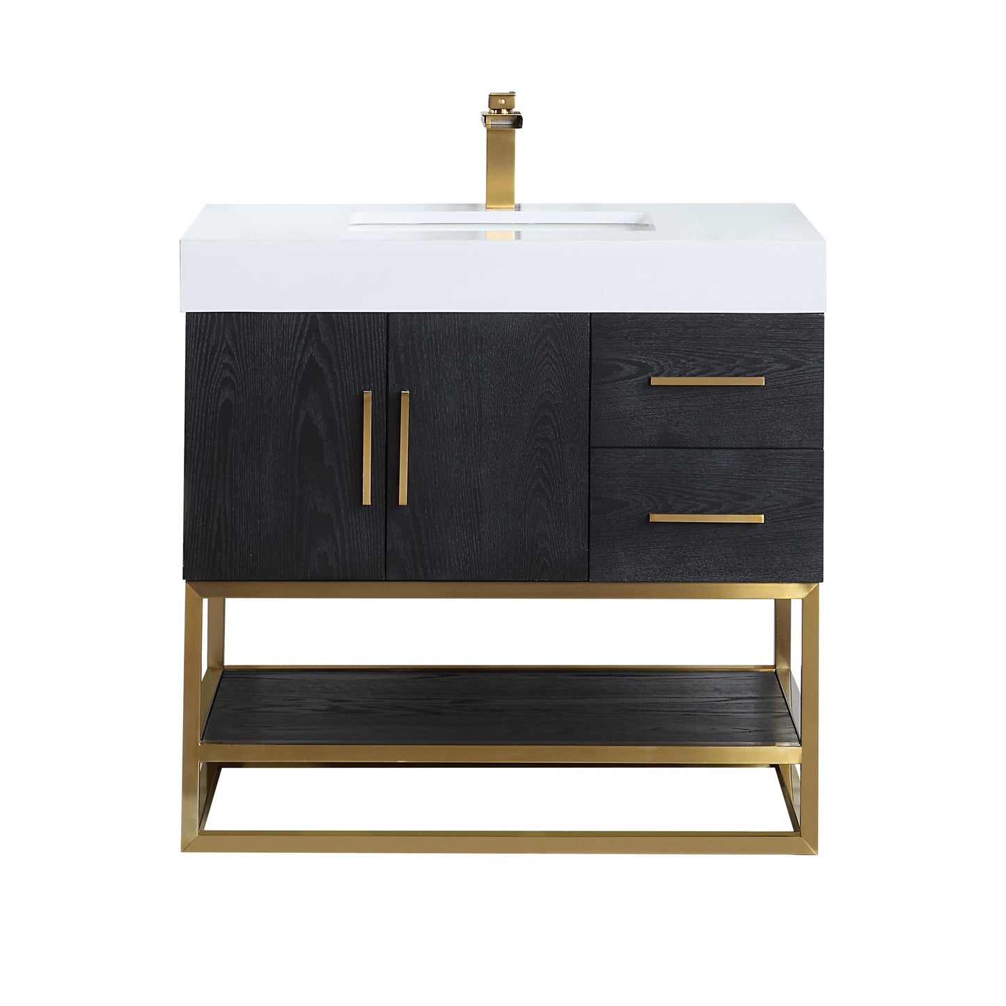 Bianco 36" Single Bathroom Vanity in Black Oak with Brushed Gold Support Base and White Engineered Stone Countertop without Mirror