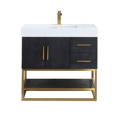 Bianco 36" Single Bathroom Vanity in Black Oak with Brushed Gold Support Base and White Engineered Stone Countertop without Mirror
