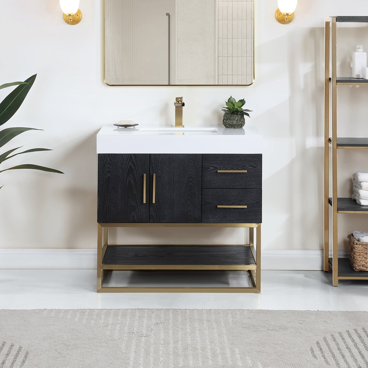 Bianco 36" Single Bathroom Vanity in Black Oak with Brushed Gold Support Base and White Engineered Stone Countertop without Mirror