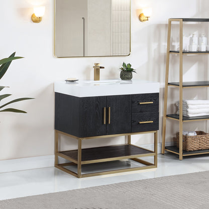 Bianco 36" Single Bathroom Vanity in Black Oak with Brushed Gold Support Base and White Engineered Stone Countertop without Mirror