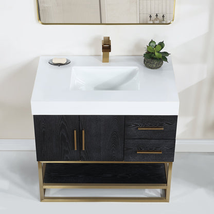 Bianco 36" Single Bathroom Vanity in Black Oak with Brushed Gold Support Base and White Engineered Stone Countertop without Mirror