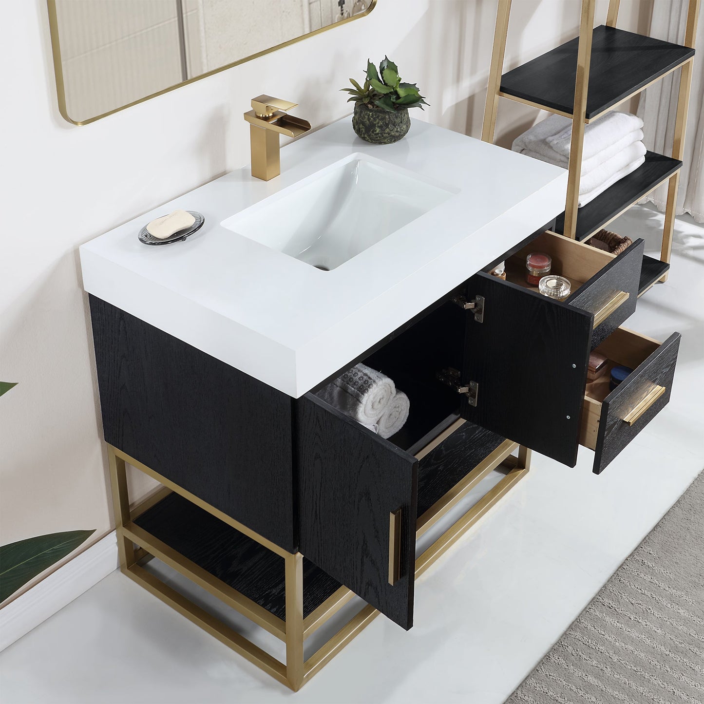Bianco 36" Single Bathroom Vanity in Black Oak with Brushed Gold Support Base and White Engineered Stone Countertop without Mirror