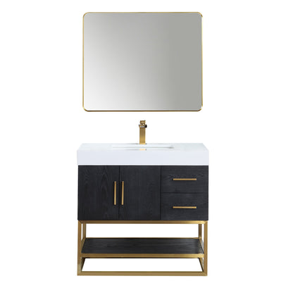 Bianco 36" Single Bathroom Vanity in Black Oak with Brushed Gold Support Base and White Engineered Stone Countertop with Mirror