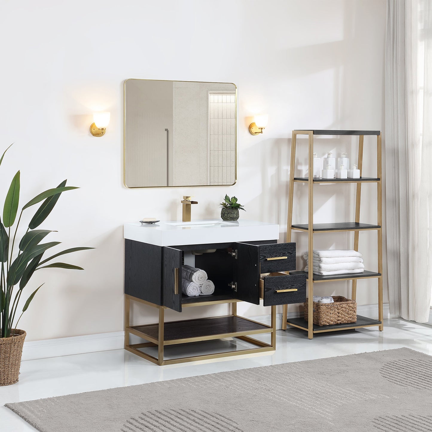 Bianco 36" Single Bathroom Vanity in Black Oak with Brushed Gold Support Base and White Engineered Stone Countertop with Mirror