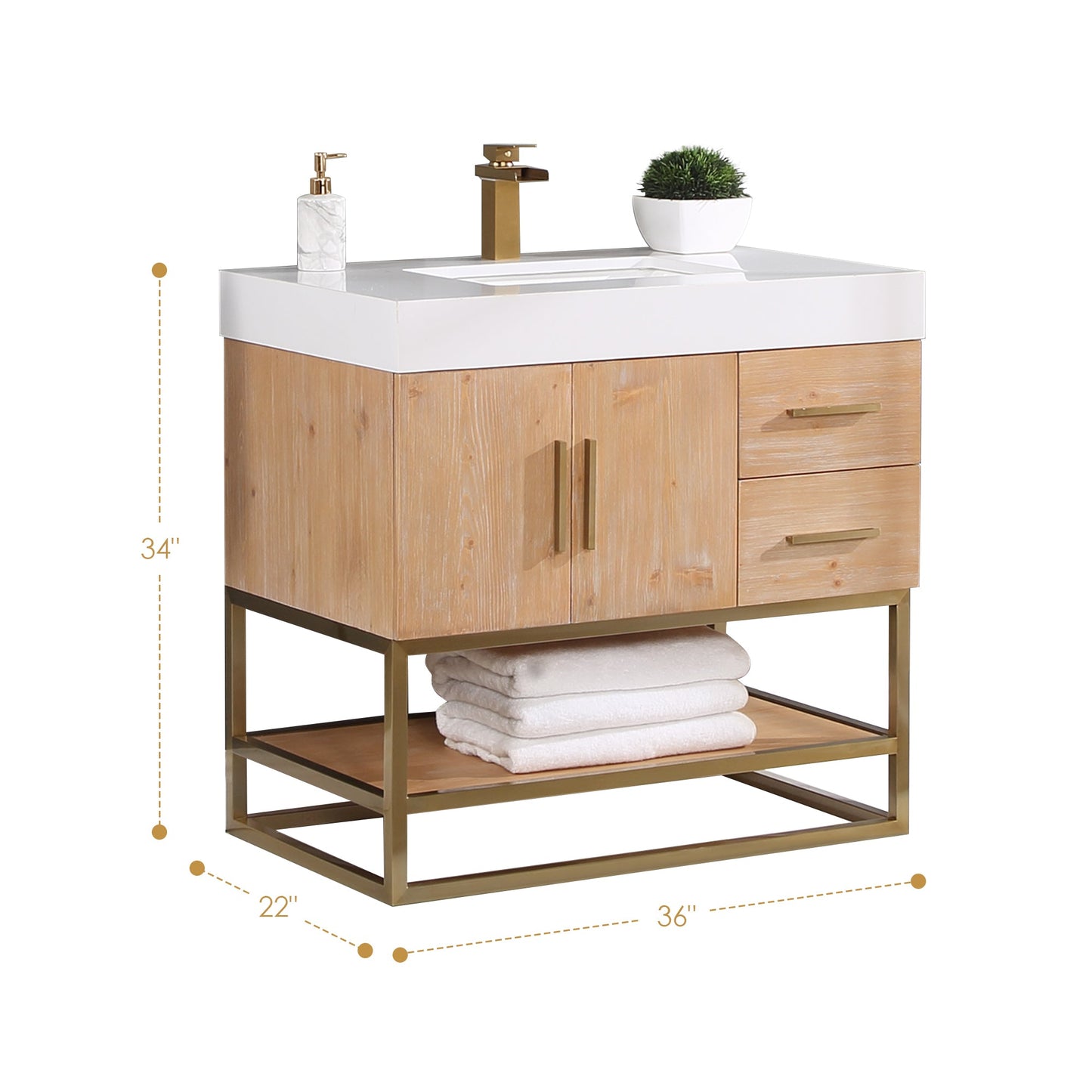 Bianco 36" Single Bathroom Vanity in Light Brown with Brushed Gold Support Base and White Engineered Stone Countertop without Mirror