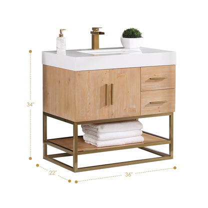 Bianco 36" Single Bathroom Vanity in Light Brown with Brushed Gold Support Base and White Engineered Stone Countertop without Mirror