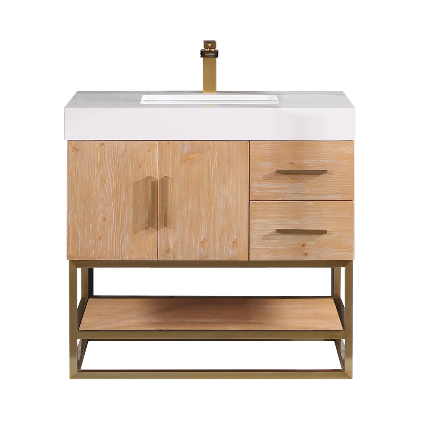 Bianco 36" Single Bathroom Vanity in Light Brown with Brushed Gold Support Base and White Engineered Stone Countertop without Mirror