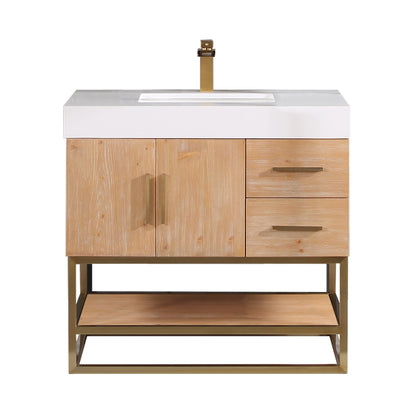 Bianco 36" Single Bathroom Vanity in Light Brown with Brushed Gold Support Base and White Engineered Stone Countertop without Mirror