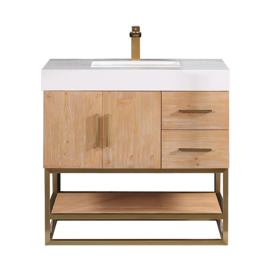 Bianco 36" Single Bathroom Vanity in Light Brown with Brushed Gold Support Base and White Engineered Stone Countertop without Mirror