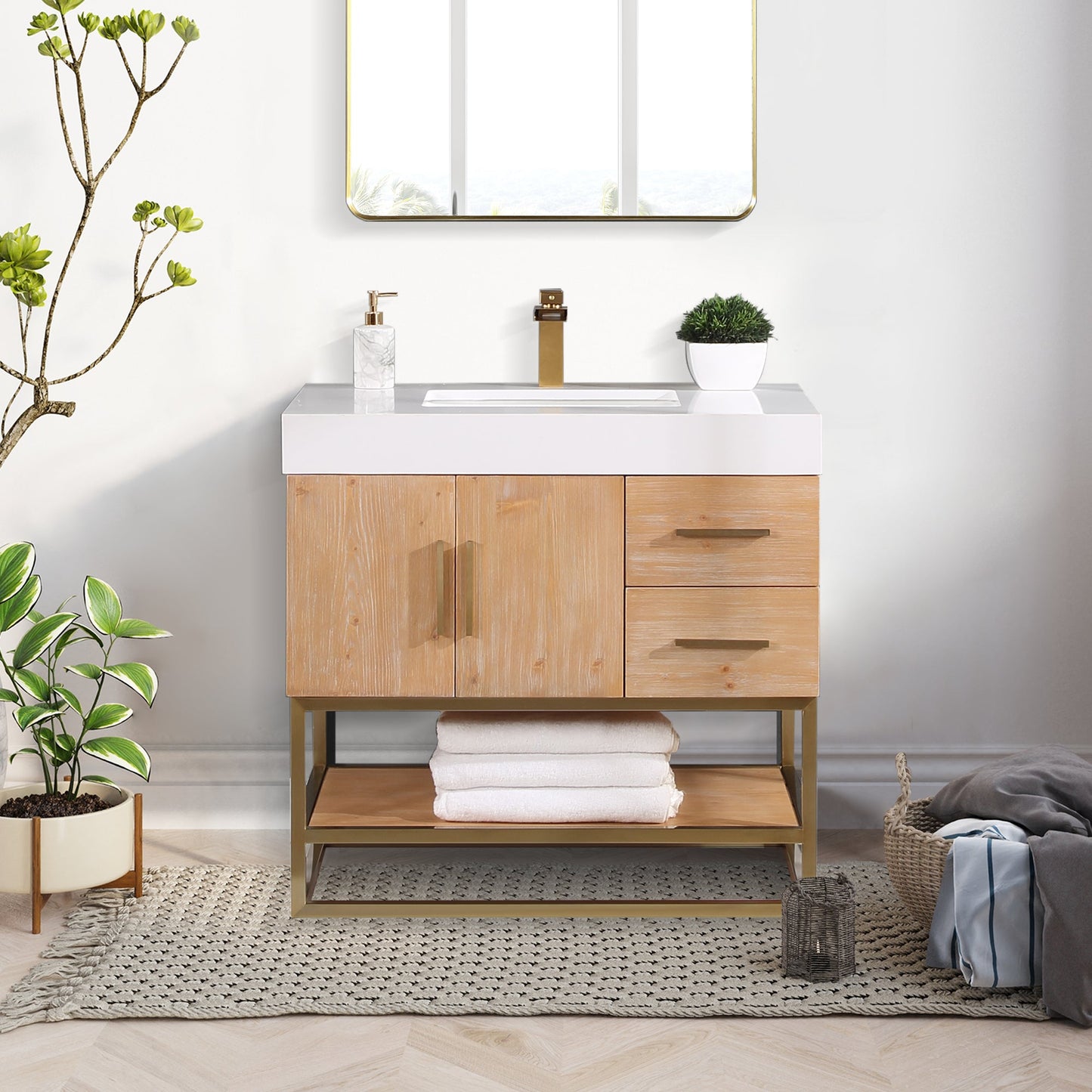 Bianco 36" Single Bathroom Vanity in Light Brown with Brushed Gold Support Base and White Engineered Stone Countertop without Mirror