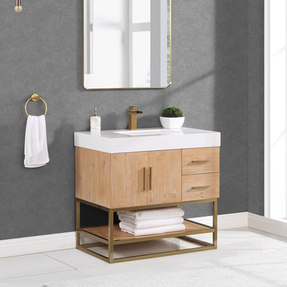 Bianco 36" Single Bathroom Vanity in Light Brown with Brushed Gold Support Base and White Engineered Stone Countertop without Mirror