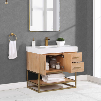 Bianco 36" Single Bathroom Vanity in Light Brown with Brushed Gold Support Base and White Engineered Stone Countertop without Mirror