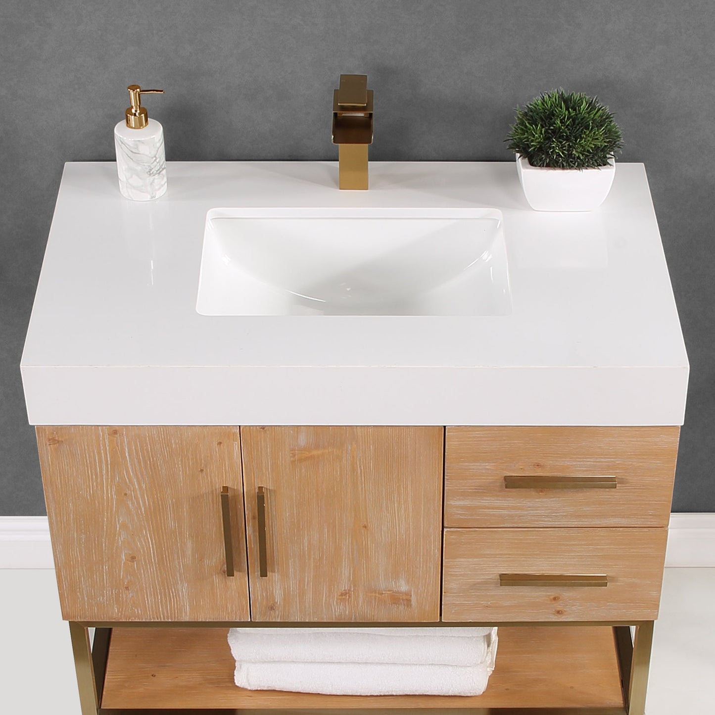 Bianco 36" Single Bathroom Vanity in Light Brown with Brushed Gold Support Base and White Engineered Stone Countertop without Mirror