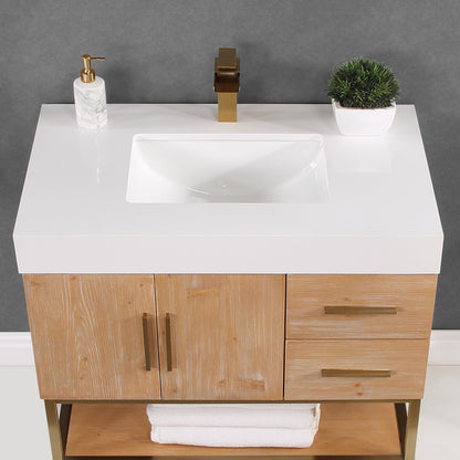 Bianco 36" Single Bathroom Vanity in Light Brown with Brushed Gold Support Base and White Engineered Stone Countertop without Mirror