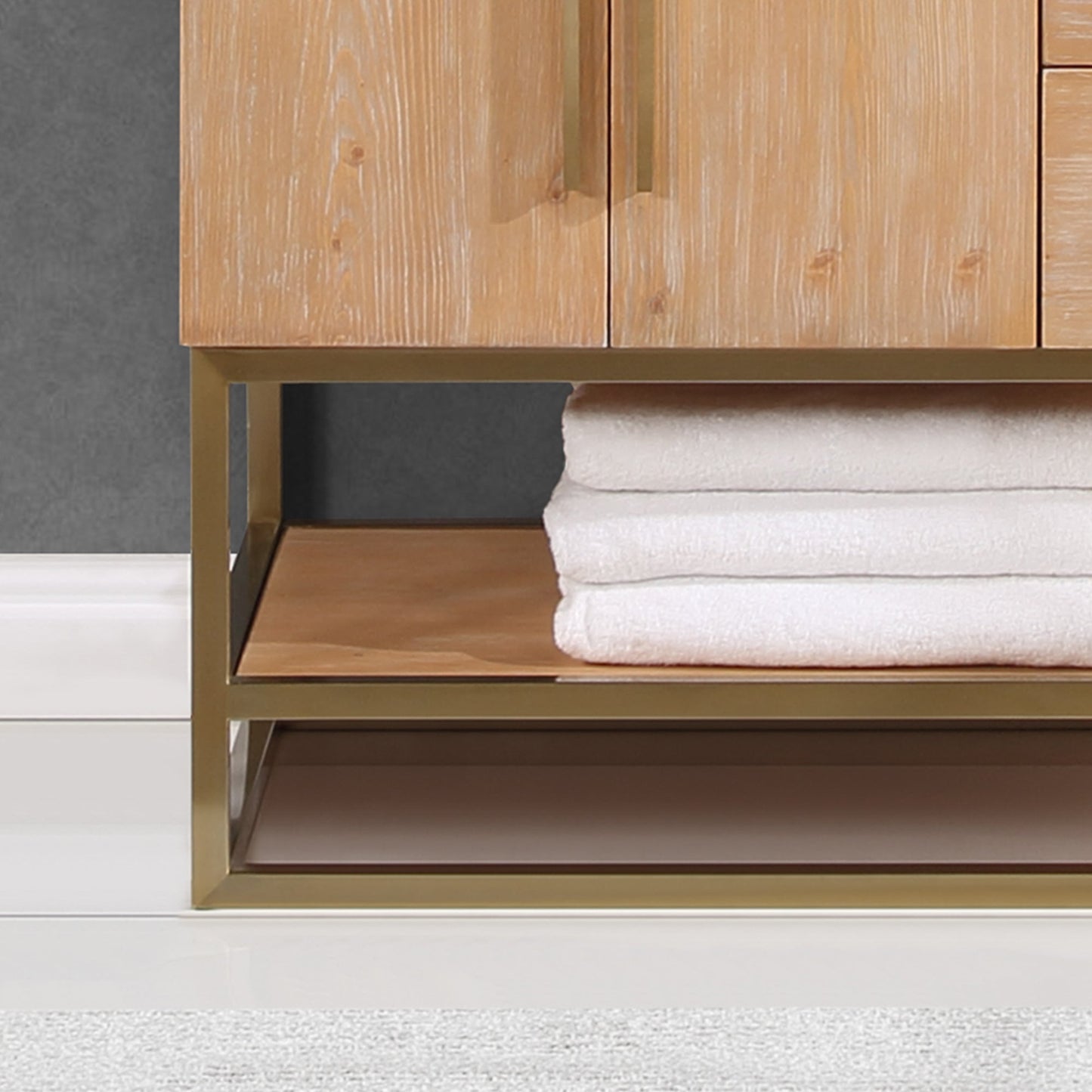 Bianco 36" Single Bathroom Vanity in Light Brown with Brushed Gold Support Base and White Engineered Stone Countertop without Mirror