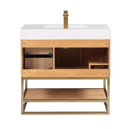 Bianco 36" Single Bathroom Vanity in Light Brown with Brushed Gold Support Base and White Engineered Stone Countertop with Mirror