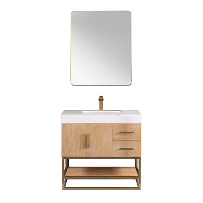 Bianco 36" Single Bathroom Vanity in Light Brown with Brushed Gold Support Base and White Engineered Stone Countertop with Mirror