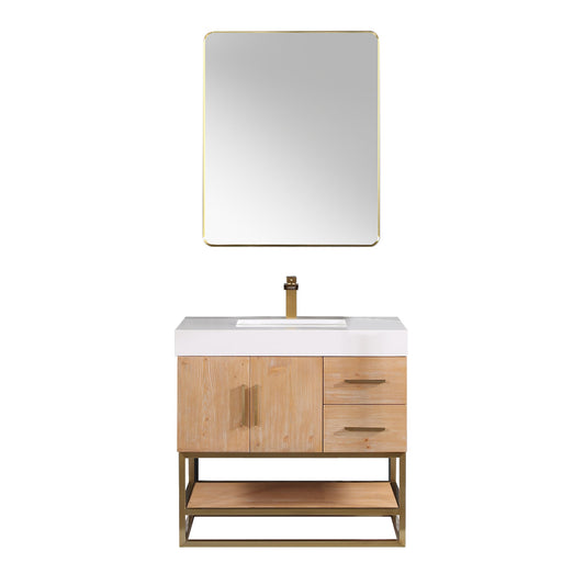 Bianco 36" Single Bathroom Vanity in Light Brown with Brushed Gold Support Base and White Engineered Stone Countertop with Mirror