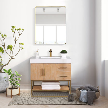 Bianco 36" Single Bathroom Vanity in Light Brown with Brushed Gold Support Base and White Engineered Stone Countertop with Mirror