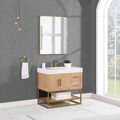 Bianco 36" Single Bathroom Vanity in Light Brown with Brushed Gold Support Base and White Engineered Stone Countertop with Mirror