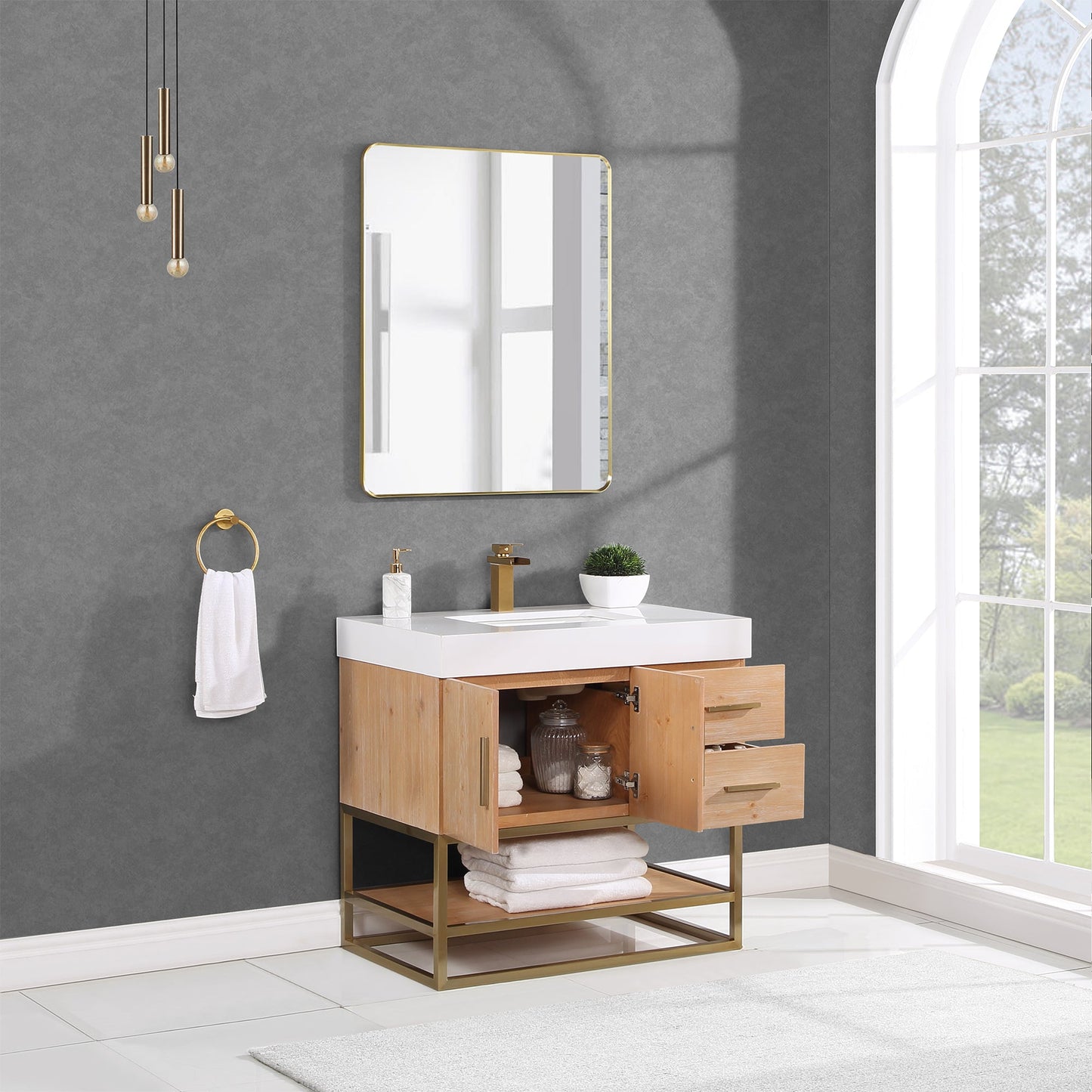 Bianco 36" Single Bathroom Vanity in Light Brown with Brushed Gold Support Base and White Engineered Stone Countertop with Mirror