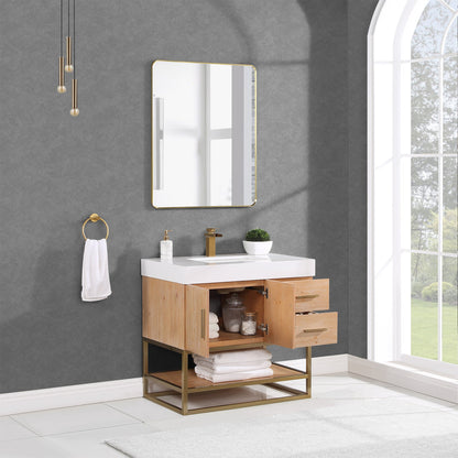Bianco 36" Single Bathroom Vanity in Light Brown with Brushed Gold Support Base and White Engineered Stone Countertop with Mirror