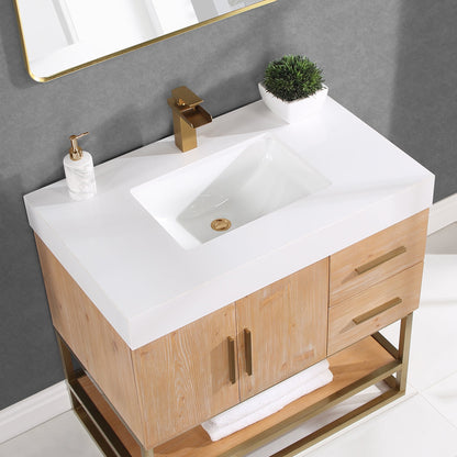 Bianco 36" Single Bathroom Vanity in Light Brown with Brushed Gold Support Base and White Engineered Stone Countertop with Mirror