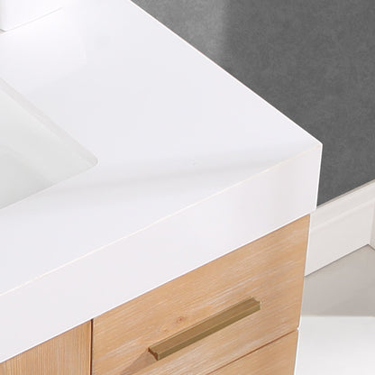 Bianco 36" Single Bathroom Vanity in Light Brown with Brushed Gold Support Base and White Engineered Stone Countertop with Mirror
