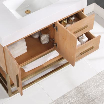 Bianco 36" Single Bathroom Vanity in Light Brown with Brushed Gold Support Base and White Engineered Stone Countertop with Mirror