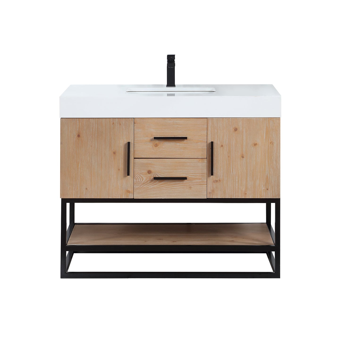 Bianco 42" Single Bathroom Vanity in Light Brown with Matte Black Support Base and White Engineered Stone Countertop without Mirror